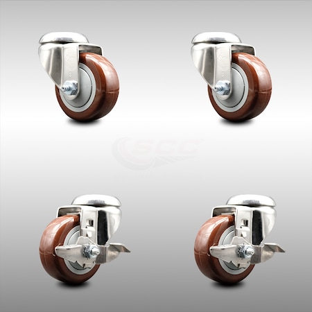 Service Caster 3.5 Inch 316SS Maroon Polyurethane Wheel Swivel Bolt Hole Caster Brake SCC, 2PK SCC-SS316BH20S3514-PPUB-MRN-2-TLB-2